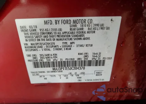 2018 Ford Ecosport Se из США, поврежденный, VIN MAJ3P1TE5JC204370